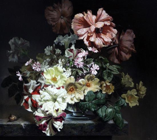 § Bennett Oates (1928-2009) Still life of flowers in a glass vase, on a ledge, 18 x 20in.